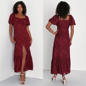 Lulus Everlasting Charm Burgundy Floral Jacquard Midi Dress M Wedding Party Prom